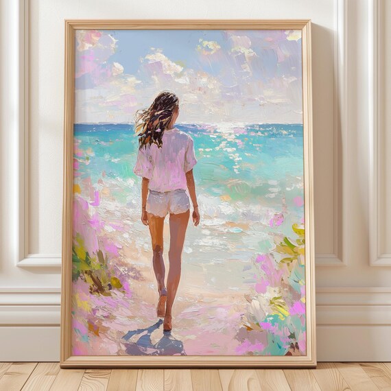 Beach Girl Ocean Walk Pastel Seaside Summer Vacation Art Poster