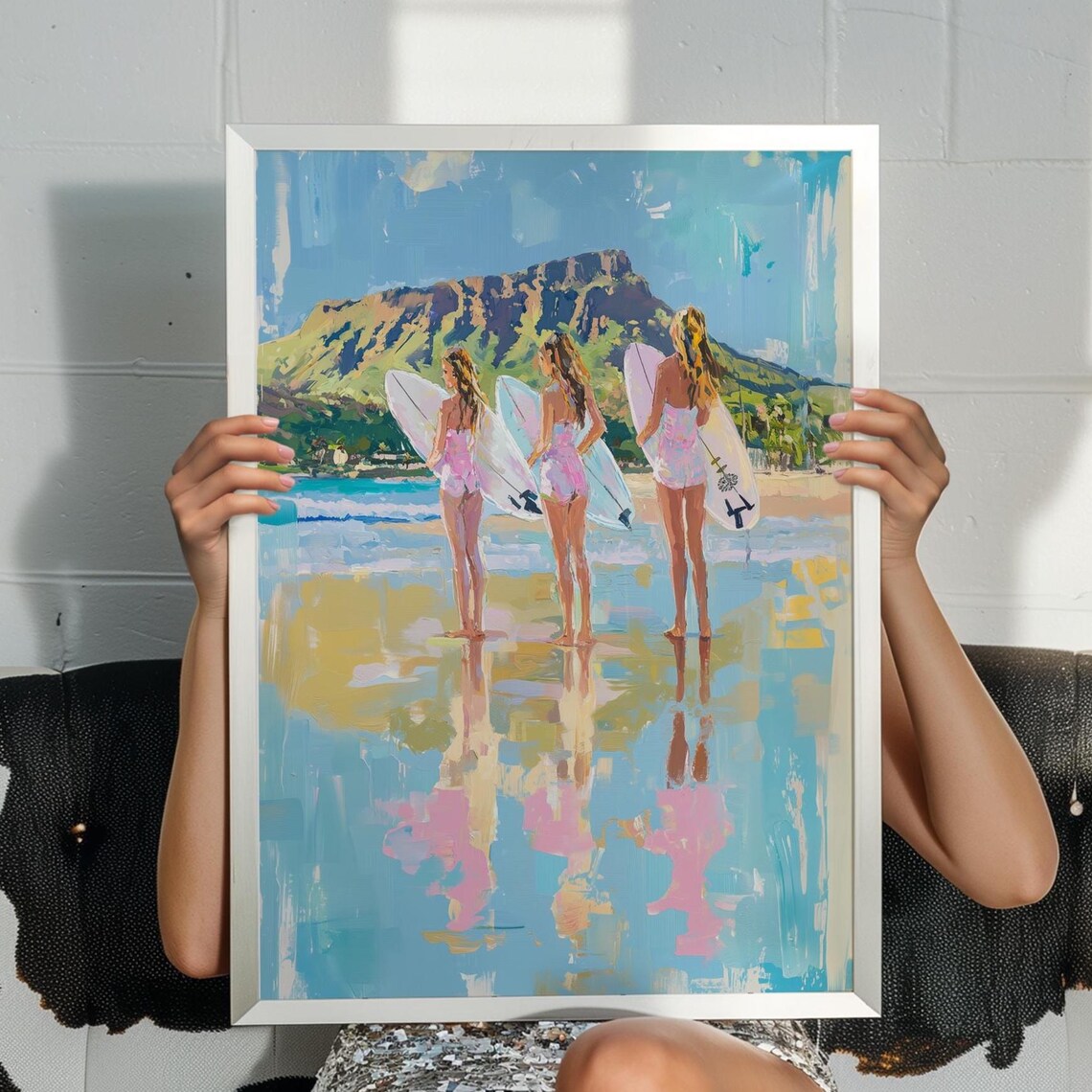 Hawaiian Beach Surfer Girls Tropical Pastel Surf Wave Art Poster