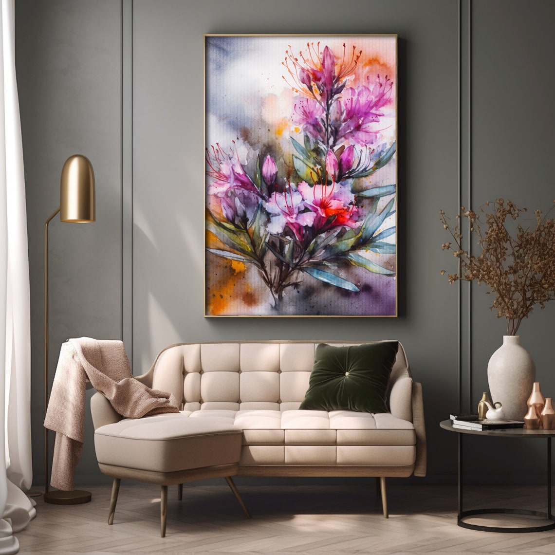 Pink Heather Flowers Watercolor Blooming Botanical Painting Poster - Image 2