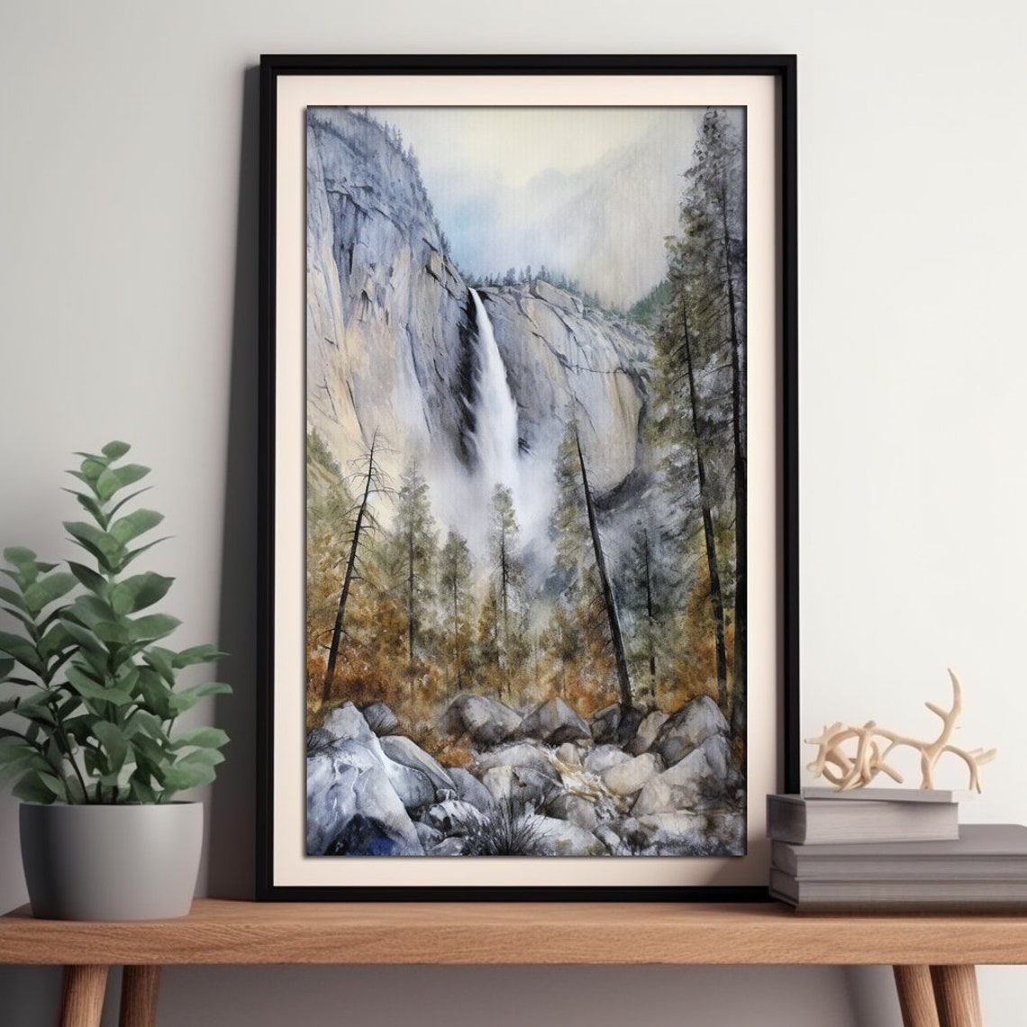 Tall Granite Cliff Waterfall Pine Forest Watercolor Scenic Poster - Image 3