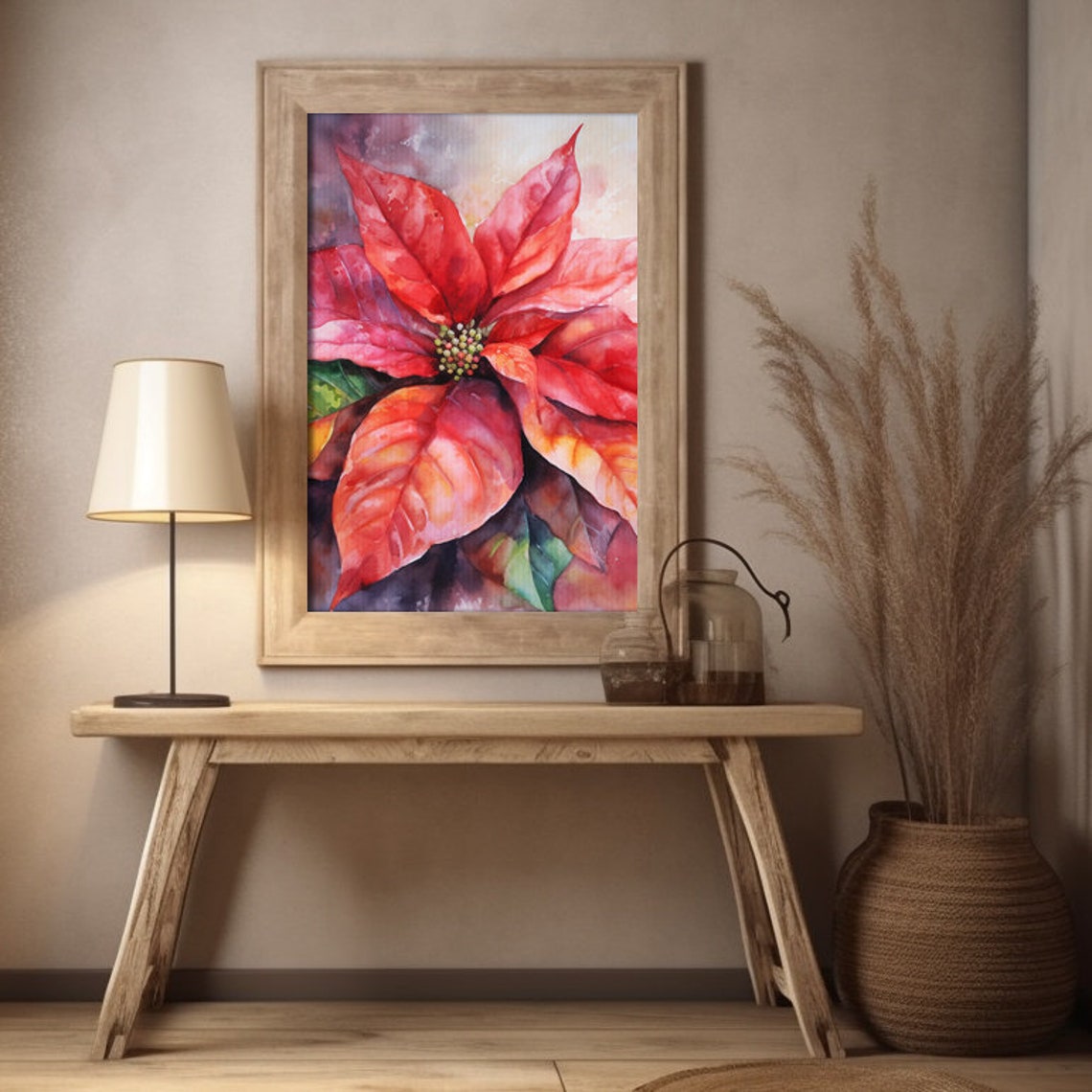 Poinsettia Flower Watercolor Painting Realistic Christmas Flower Watercolor For Hallway Bathroom Living Room Office - Image 4