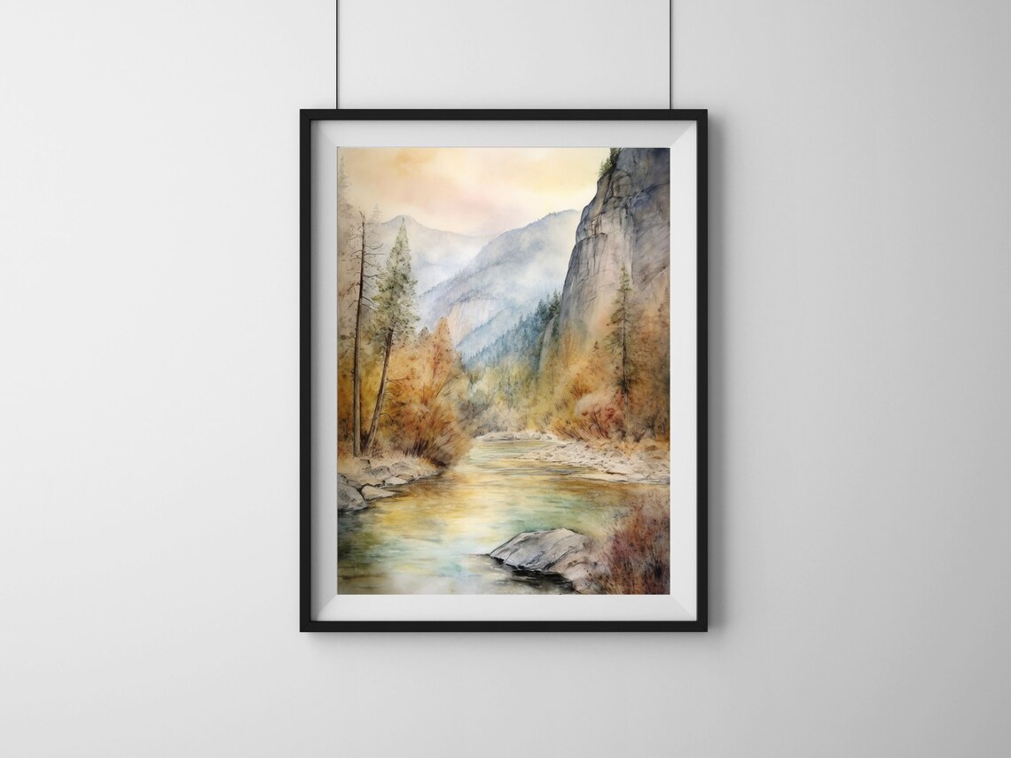 Misty Mountain River Valley Autumn Watercolor Landscape Poster - Image 4