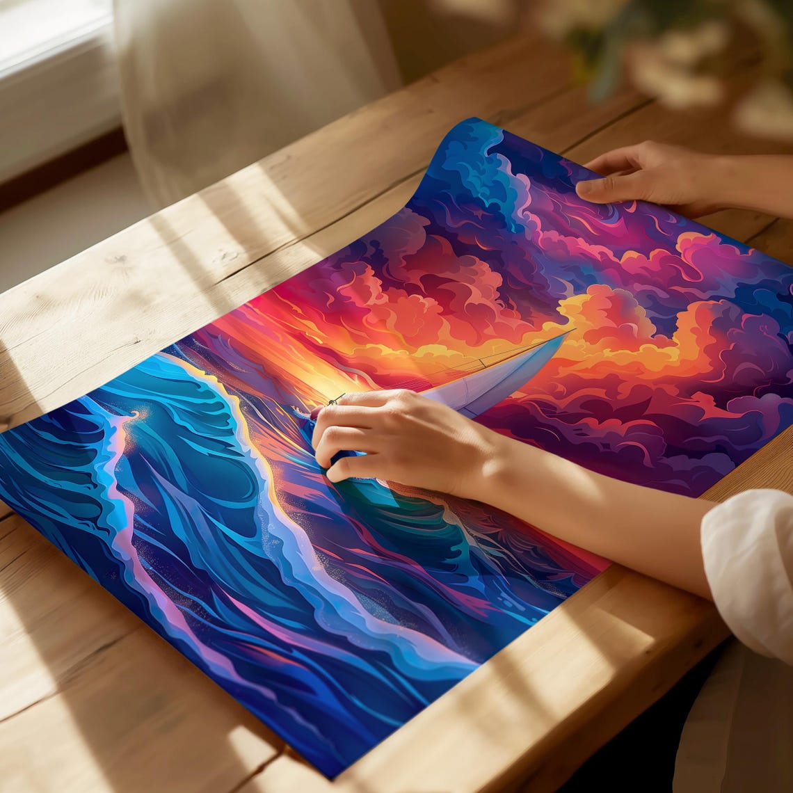 Sailboat Gliding Through Waves Beneath A Vivid Magenta Sunset Poster - Image 3