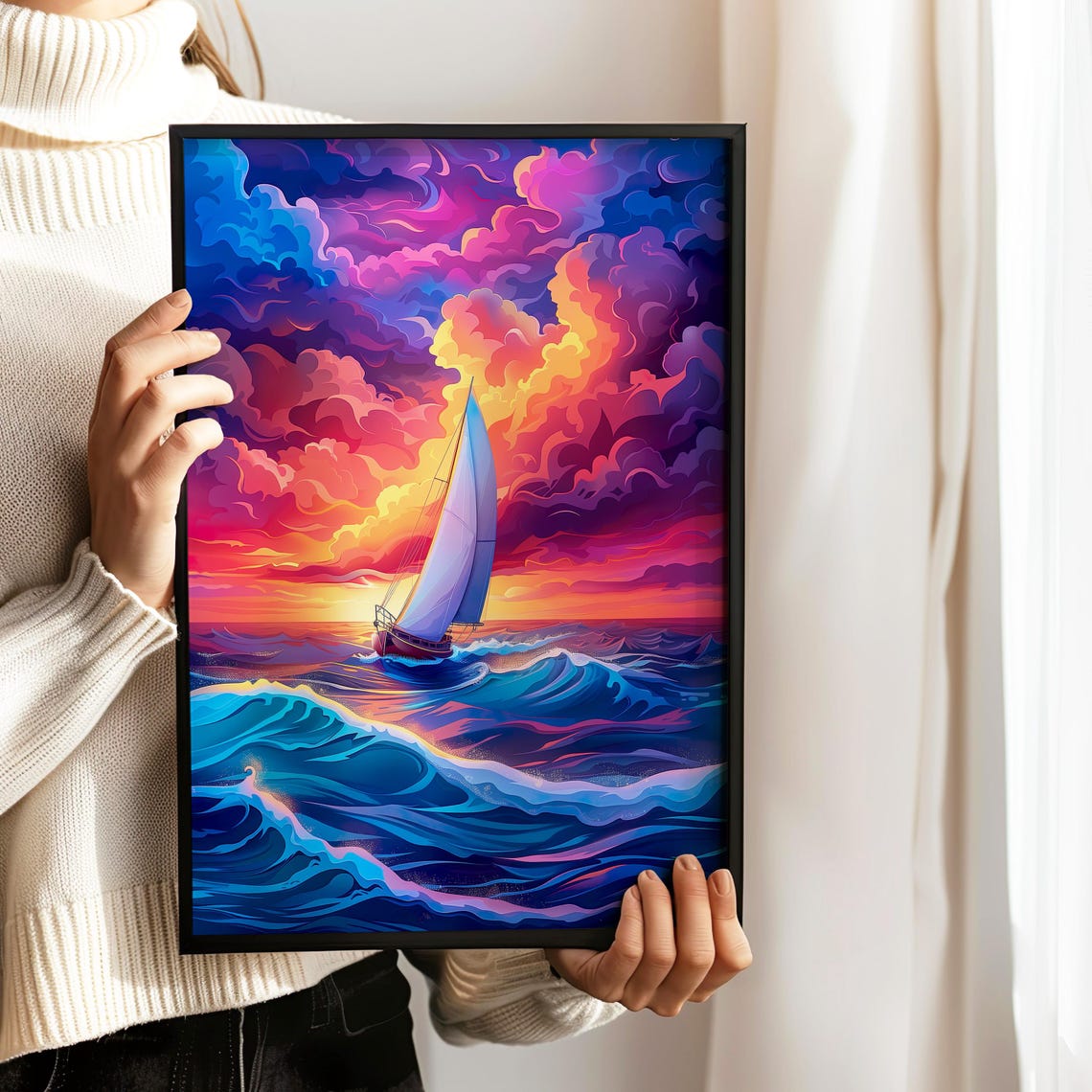 Sailboat Gliding Through Waves Beneath A Vivid Magenta Sunset Poster - Image 2