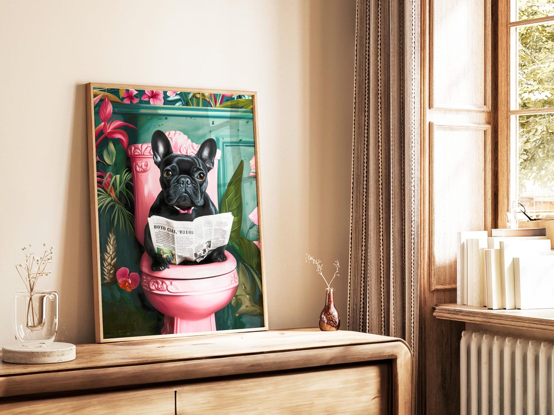 Black French Bulldog Reading On Toilet Print Toilet Wall Art Funny Dog Print Bathroom Wall Art Dog On Toilet Poster Funny Bathroom Decor - Image 5