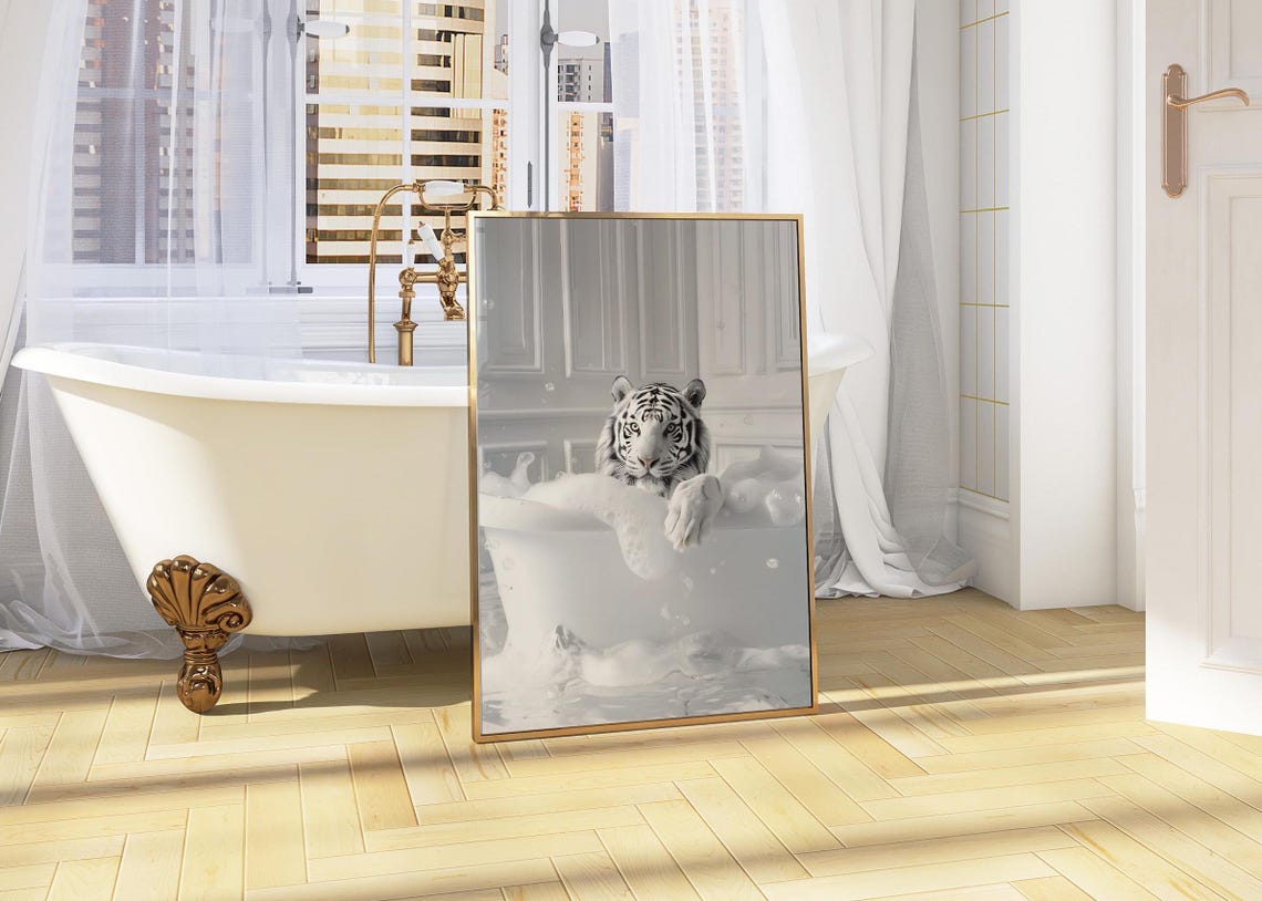 White Tiger In A Bubble Bath With White Mat Border Funny Poster - Image 5