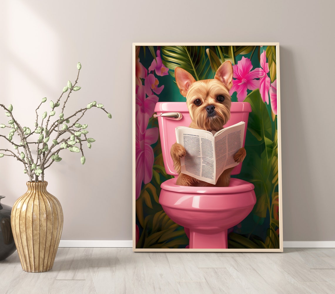 Yorkshire Terrier Reading Book Pink Toilet Funny Dog Decor Poster - Image 2