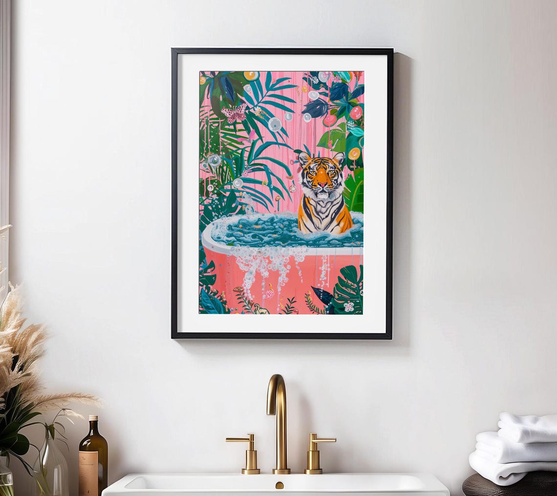 Tiger In A Bathtub With Pink Tropical Leaves And Butterflies Poster - Image 4