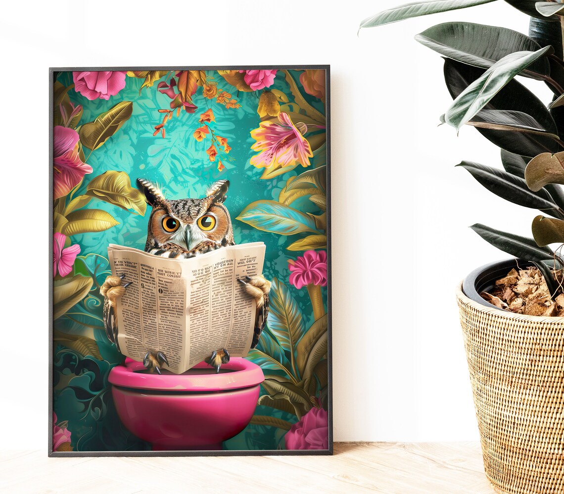 Owl Sitting On Toilet Reading Newspaper Art Print - Image 4