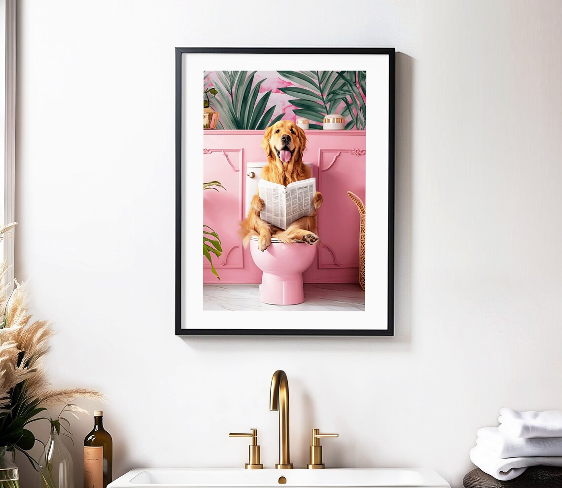Bathroom Golden Retriever On Toilet Funny Dog Print - Image 3