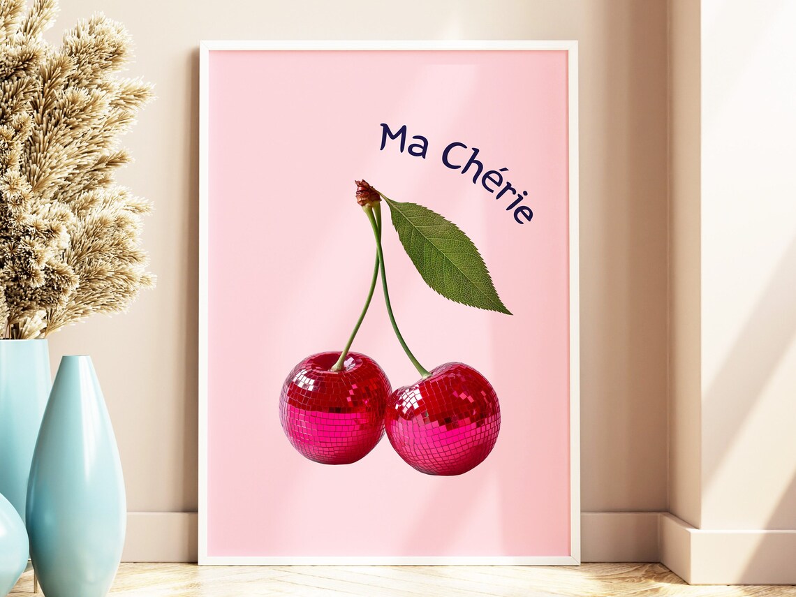 Pink Disco Ball Cherries Ma Cherie French Aesthetic Retro Poster - Image 5