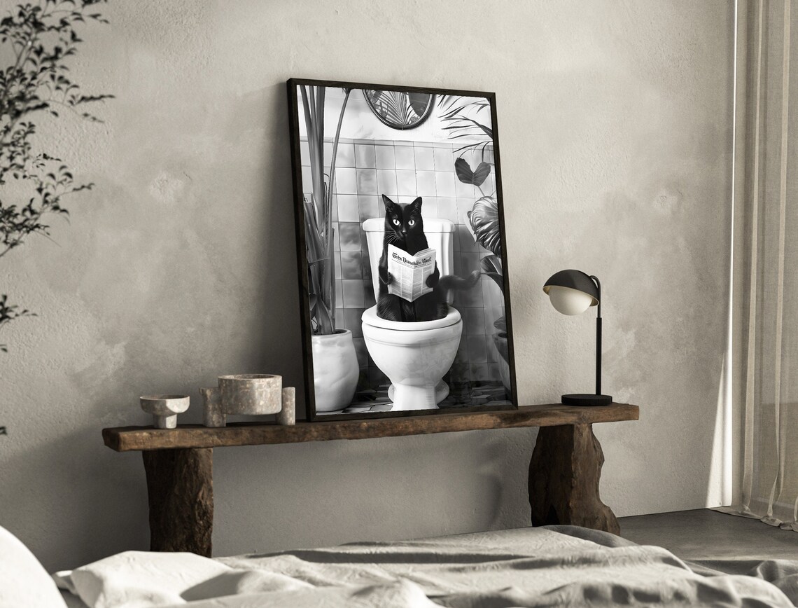 Black And White Bathroom Cat Print, Funny Bathroom Decor - Image 4