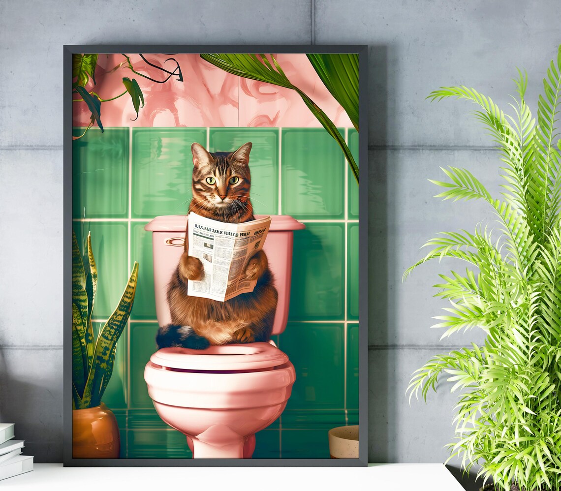 Domestic Shorthair Cat Reading On Toilet Funny Bathroom Poster - Image 3
