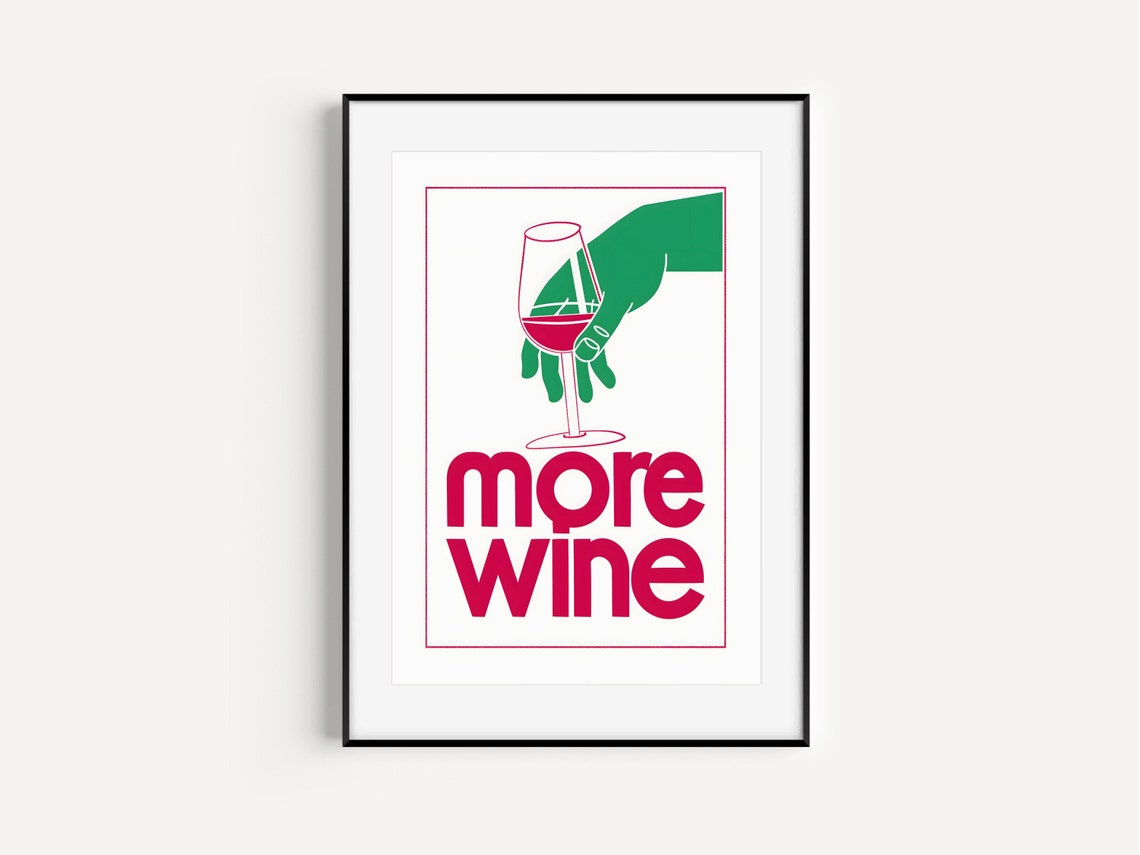 More Wine Minimalist Line Art Green Hand Glass Modern Bar Cart Poster - Image 2