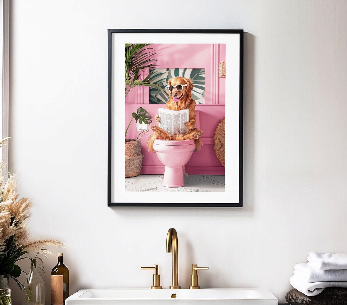 Golden Retriever Reading on Toilet Funny Dog Art Print - Image 4