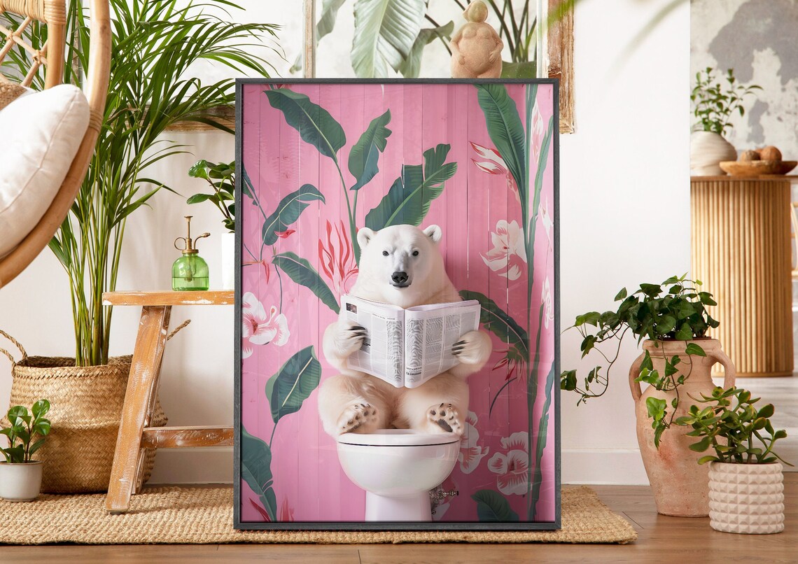 Funny Polar Bear Poster of a Bear Reading the Paper on a Pink Floral Toilet - Image 4