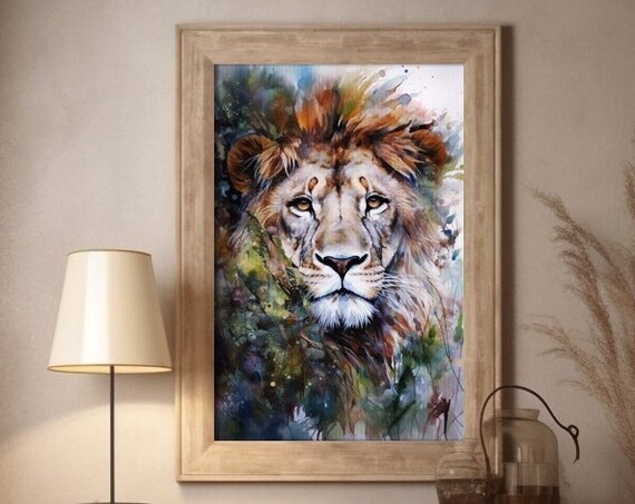Majestic Lion Face Portrait Watercolor Wildlife Painting Poster