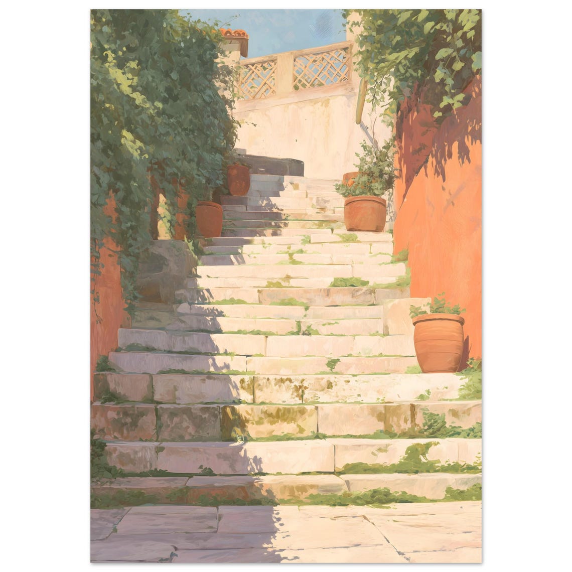 Sunlit Mediterranean Stone Stairway With Terracotta Pots Poster