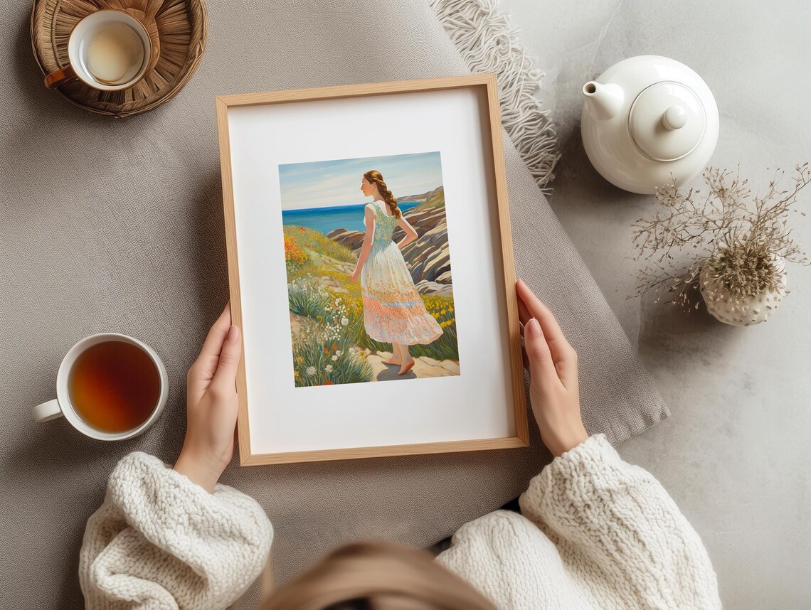 Woman On Rocky Coast Wildflowers Blue Sea Scenic Coastal Art Poster - Image 3
