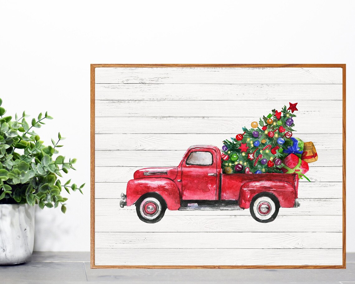 Print Shipchristmas Antique Truck With Christmas Tree And Giftshome Decorfarmhouse Decorantique Truckchristmas Decor