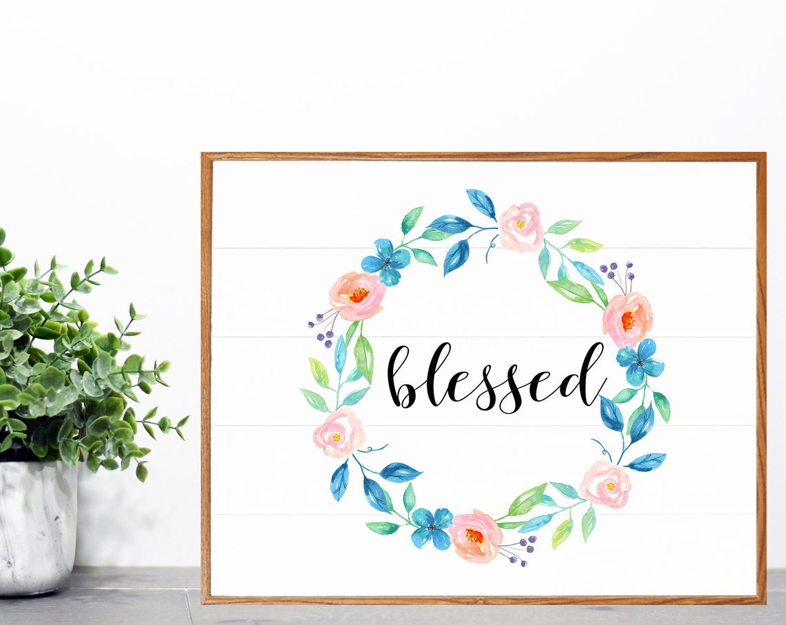 Print Shipblessed Blue And Coral Floral Wreath Printhome Decorprintablesfarmhouse Decorrustic Decorcountry Decor