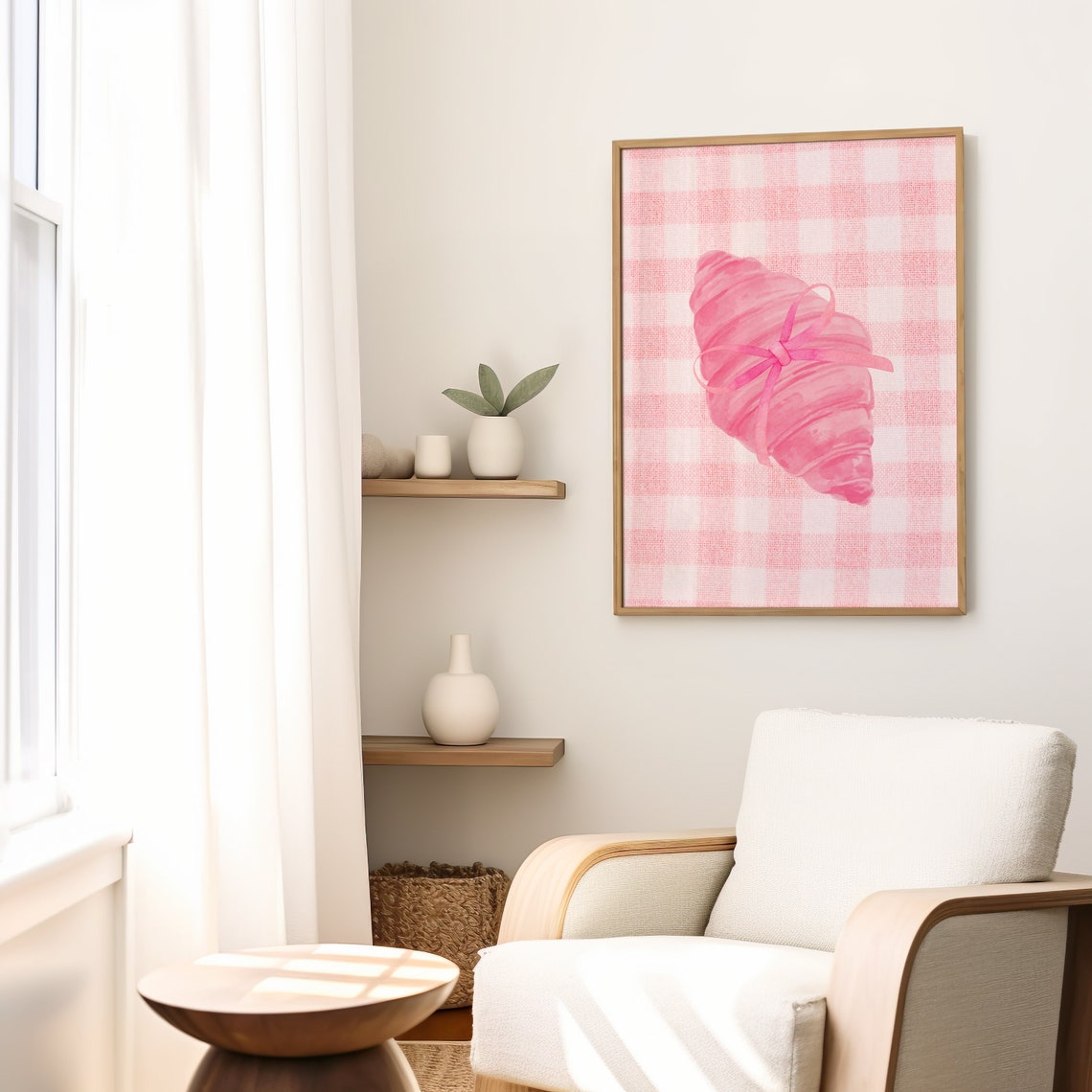 Pink Croissant With Bow Coquette Gingham Breakfast Art Print - Image 2