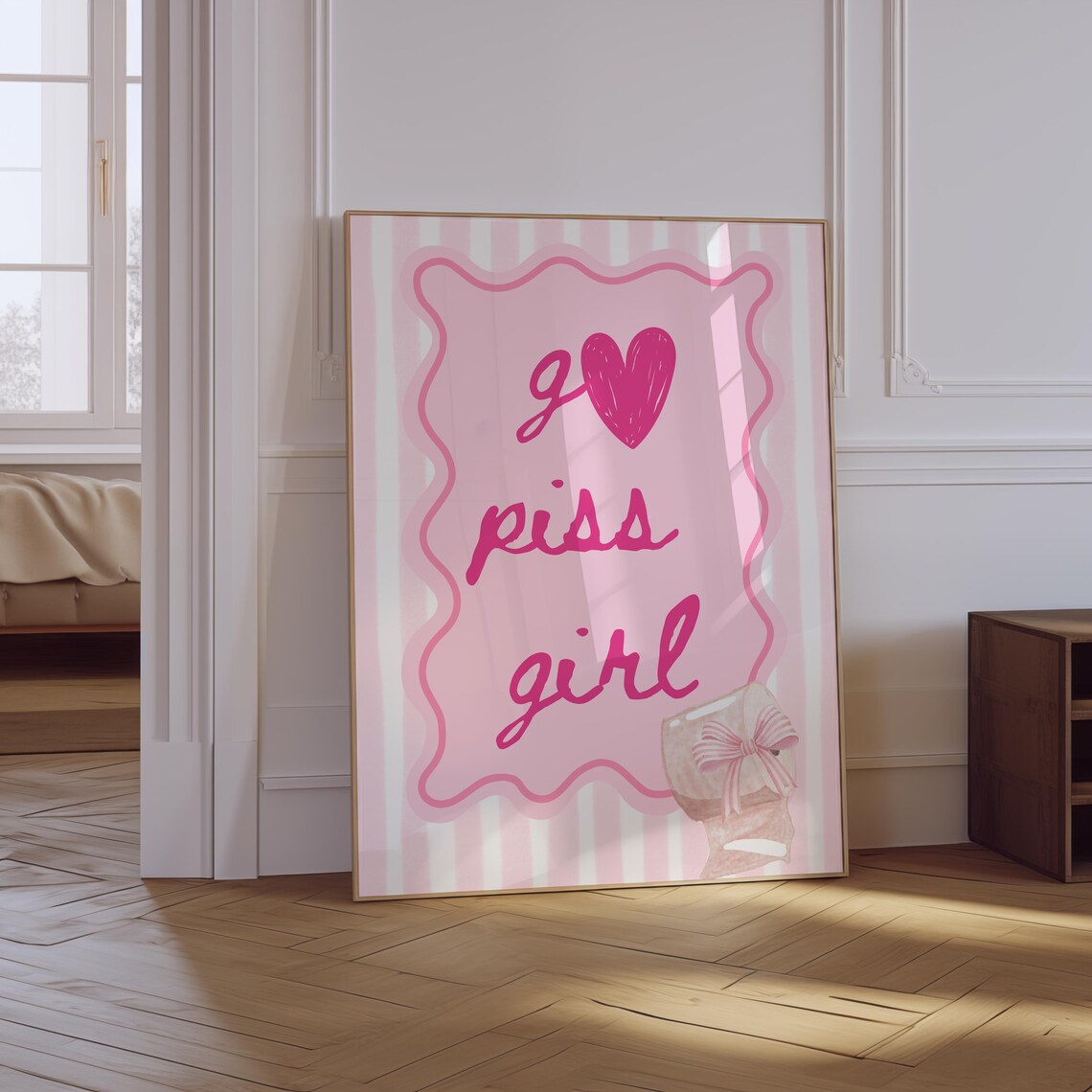 Go Piss Girl Pink Striped Handwritten Heart Quote Funny Bathroom Poster