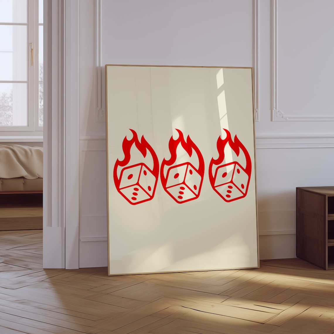 Flaming Red Dice Trio Bold Retro Casino Gambling Lucky Art Poster