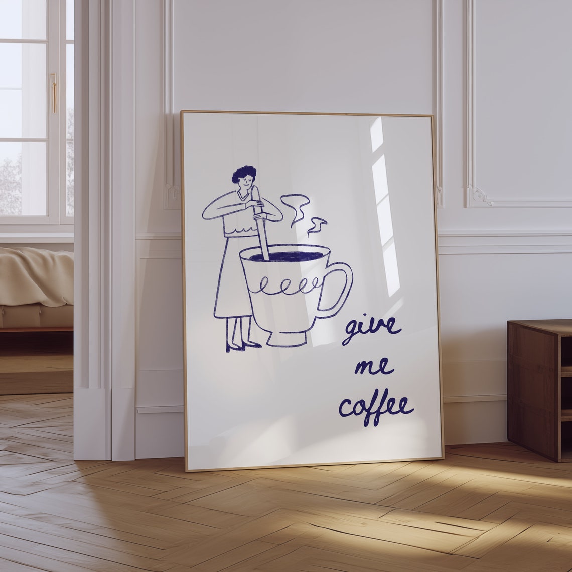 Give Me Coffee Whimsical Giant Coffee Cup Line Drawing Poster