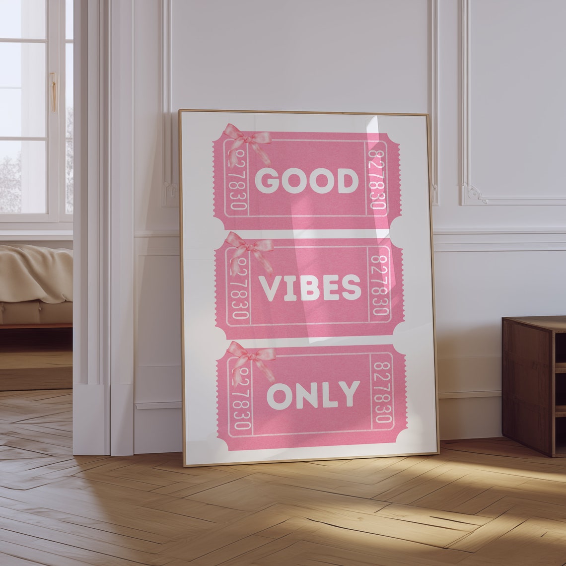 Good Vibes Only Pink Retro Ticket Typography Bow Coquette Wall Art