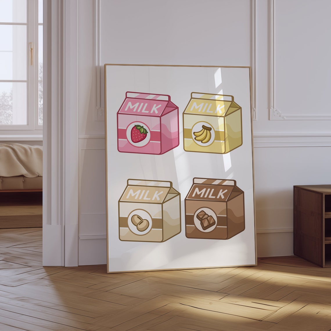 Cute Milk Carton Set Strawberry Banana Chocolate Kitchen Poster