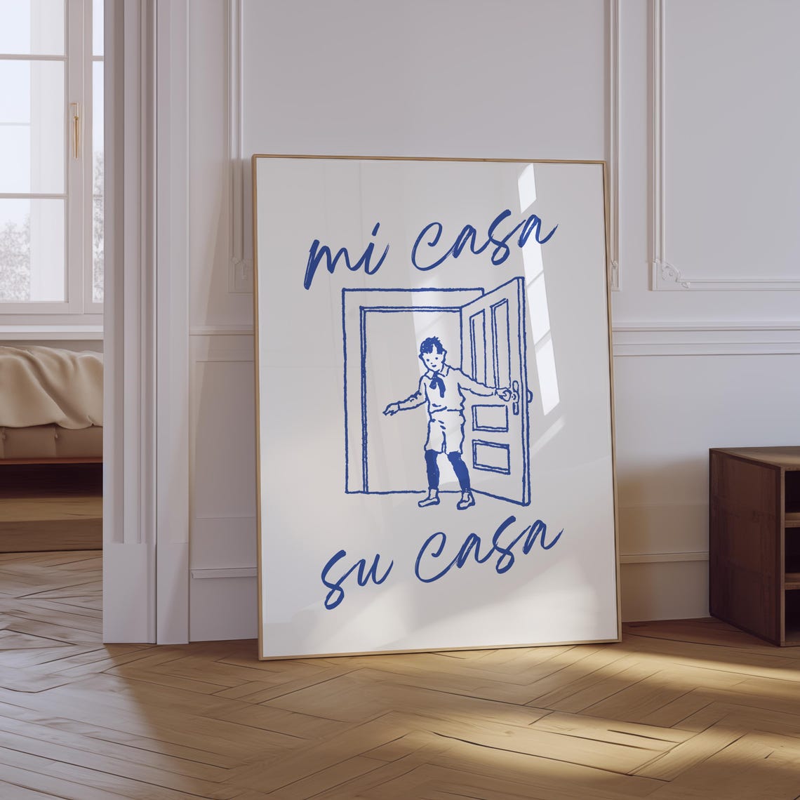 Mi Casa Su Casa Spanish Quote Blue Line Art Boy at Door Welcome Print