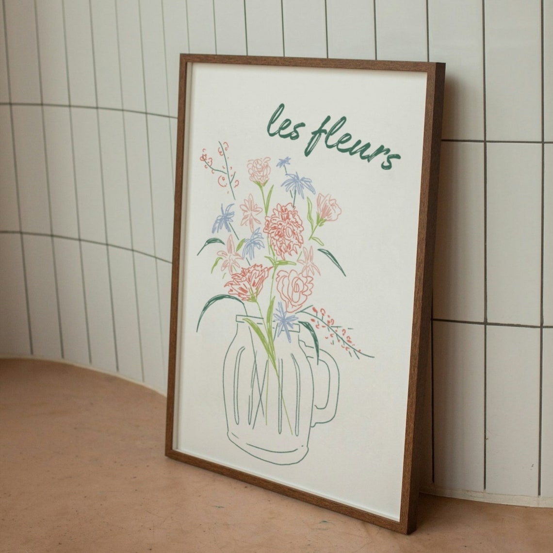 Les Fleurs French Floral Line Art Bouquet In Jar Neutral Kitchen Print - Image 3