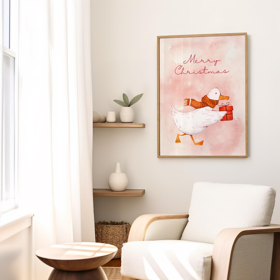 Merry Christmas Duck Watercolor Poster Cute Pink Holiday Nursery Art