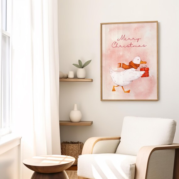 Merry Christmas Duck Watercolor Poster Cute Pink Holiday Nursery Art