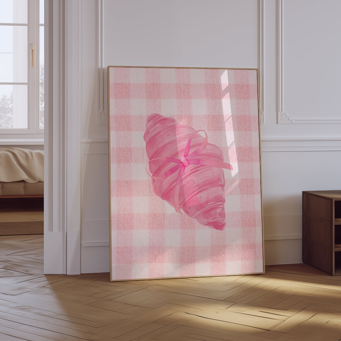 Pink Croissant With Bow Coquette Gingham Breakfast Art Print