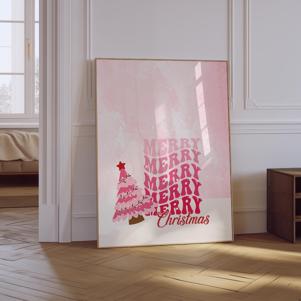 Pink Merry Christmas Tree Retro Typography Holiday Wall Poster Art - Image 2