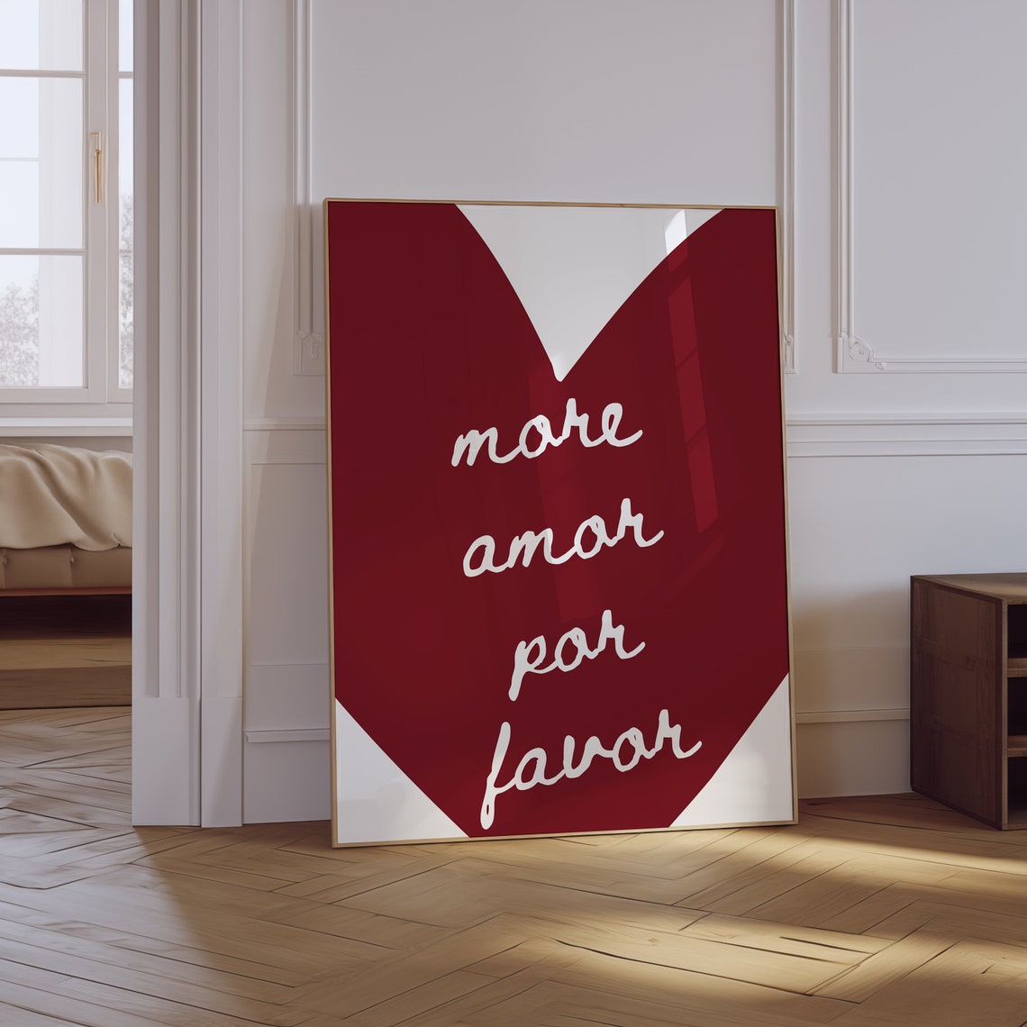 More Amor Por Favor White Script Red Heart Typography Quote Wall Art