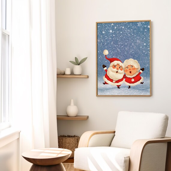 Santa and Mrs Claus Dancing in the Snow Cute Christmas Poster Art