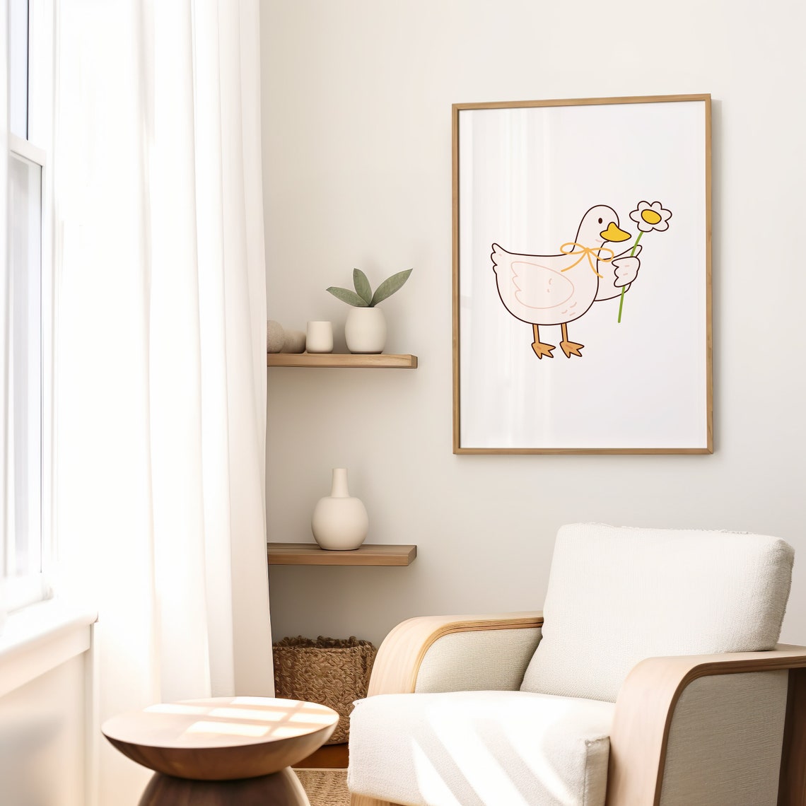Cute Duck With Bow Holding Flower Sweet Nursery Line Art Poster - Image 2
