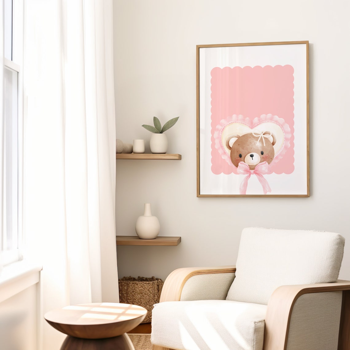 Teddy Bear Face Pink Bow Scalloped Panel Coquette Nursery Poster - Image 2