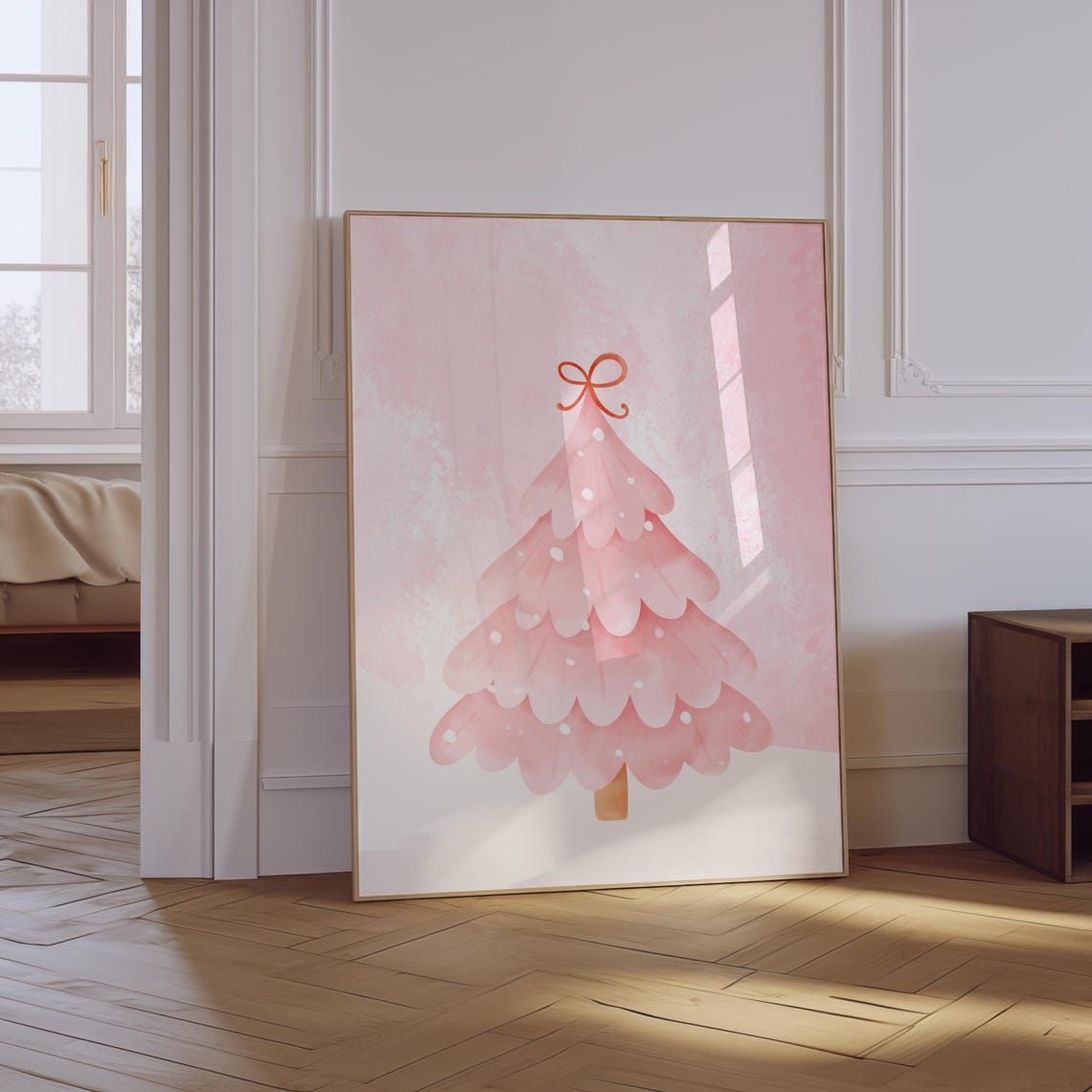Pink Christmas Tree Watercolor Poster With Red Bow Holiday Decor Art - Image 2