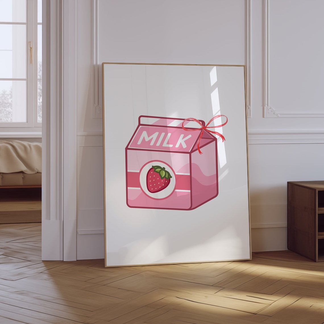 Strawberry Milk Print Pink Preppy Kitchen Prints Aesthetic College Posters Funny Retro Kitchen Print Coquette Kitchen Print