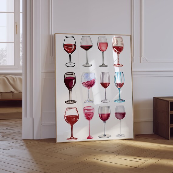Twelve Red Wine Glasses Watercolor Grid Wine Lover Kitchen Bar Cart Poster
