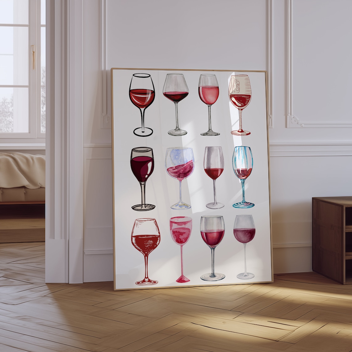 Twelve Red Wine Glasses Watercolor Grid Wine Lover Kitchen Bar Cart Poster