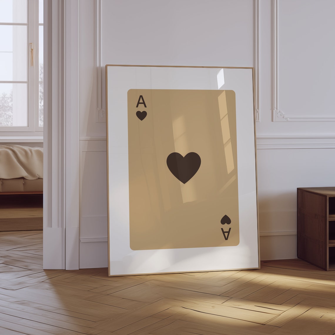 Tan Beige Ace Of Hearts Playing Card Minimalist Retro Wall Art