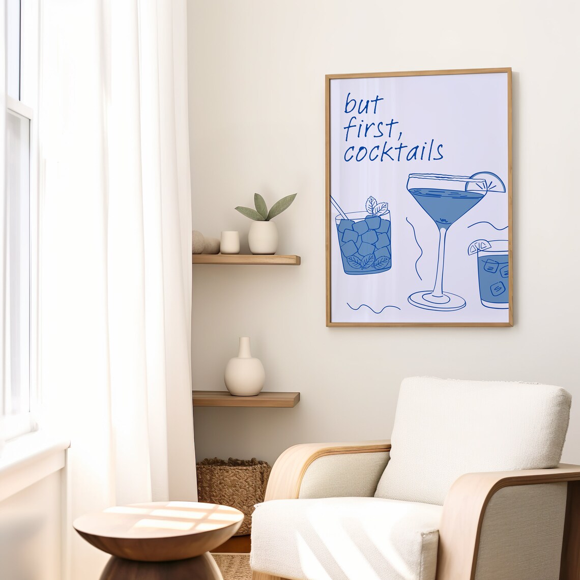 But First Cocktails Coastal Blue Line Art Cocktail Bar Cart Poster - Image 2
