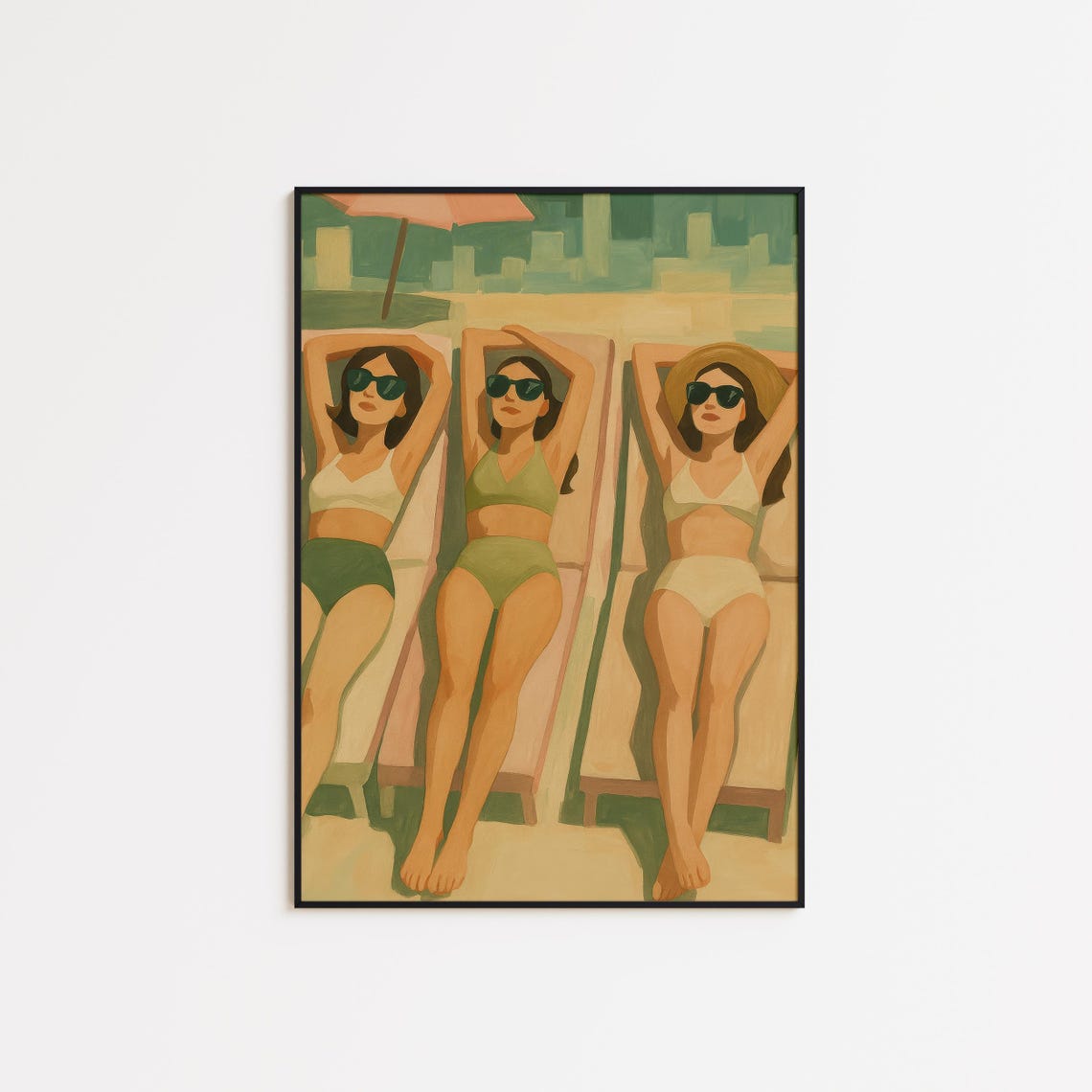 Sun Sisters Three Women Sunbathing Pool Loungers Retro Art Print