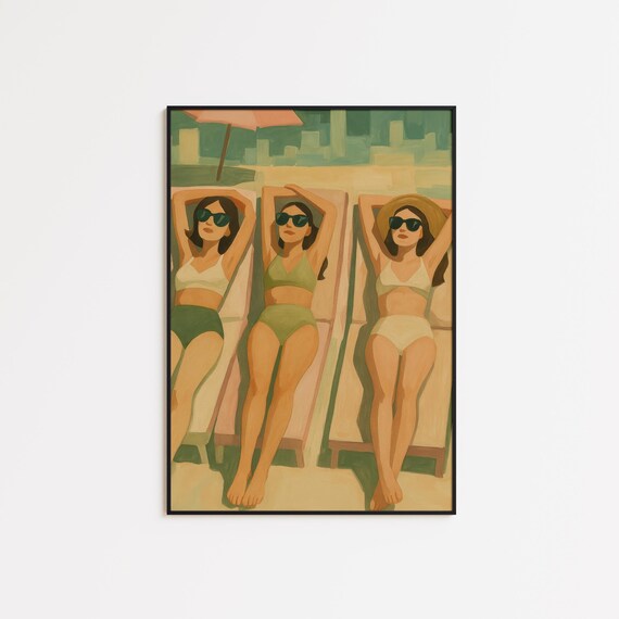 Sun Sisters Retro Summer Girls Art Print Feminine Poolside Poster