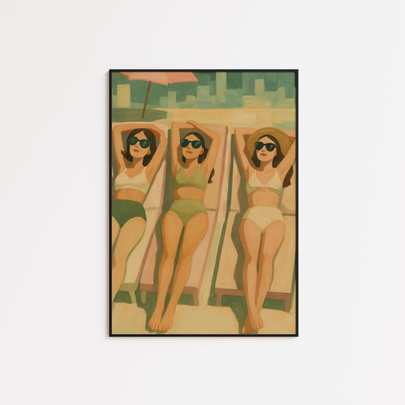 Sun Sisters Three Women Sunbathing Pool Loungers Retro Art Print